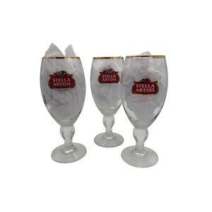 Stella Artois 8" Beer Glasses Set of 3 Gold Rim Stemware Chalice